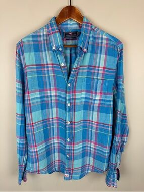 Men’s Vineyard Vines Blue Plaid Slim Fit Murray Button-Down Linen Shirt Preppy M